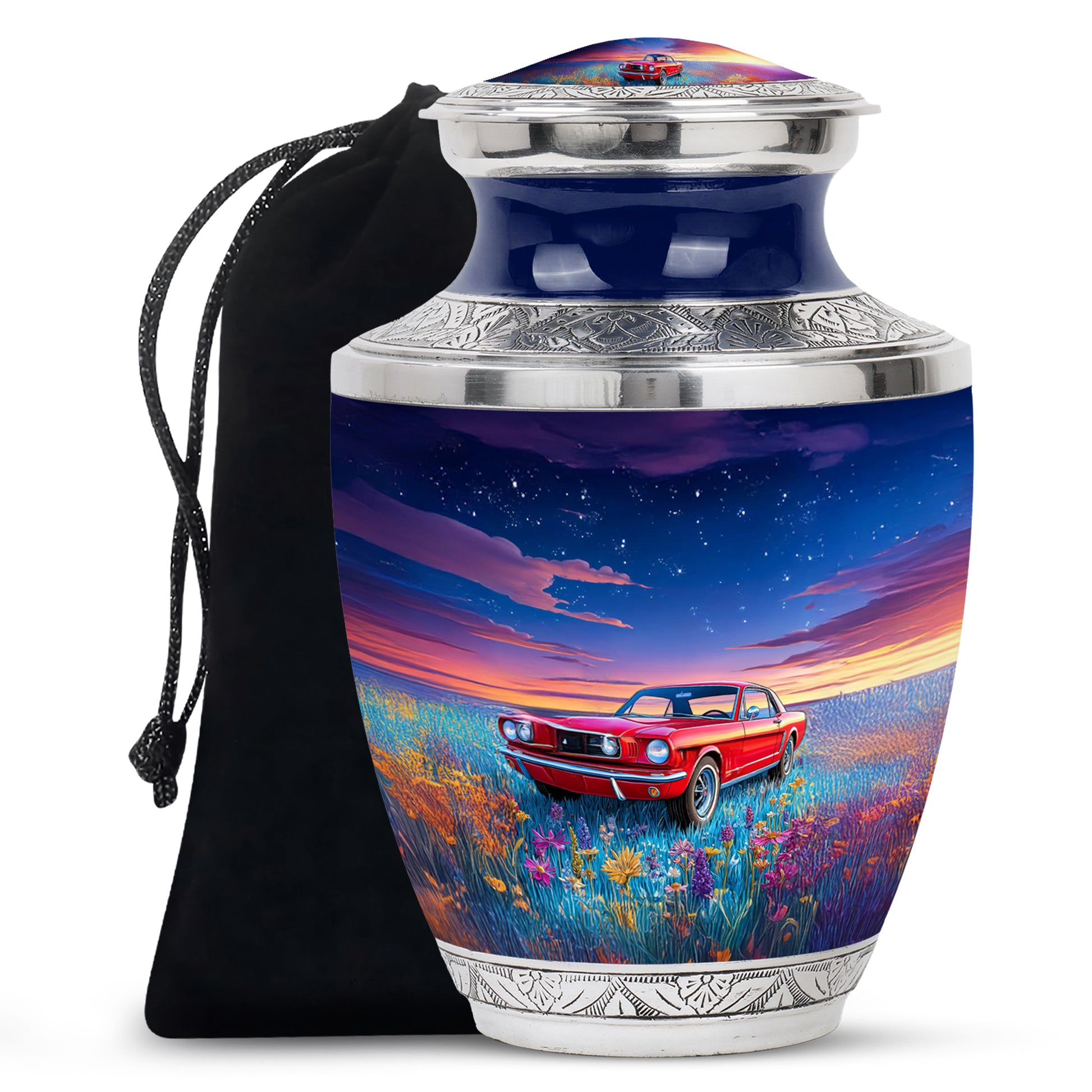 Misty Blue Car Cremation Urn side profile showing urn shape - modern art-inspired car motif on sleek aluminum - full-size 10 inch 200 cubic inch adult cremation urn