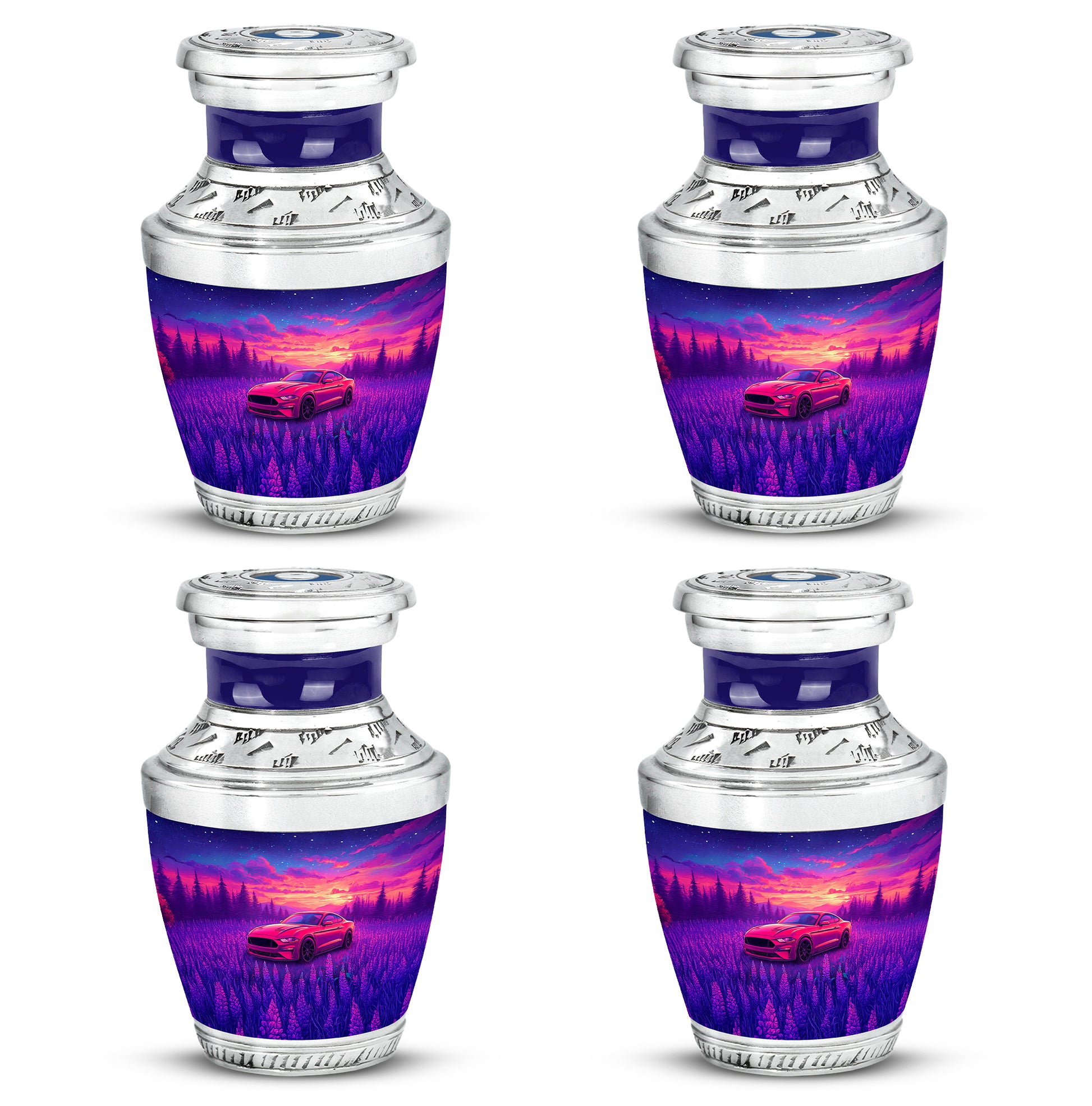 Cobalt Blue Car Cremation Urn back view with polished surface - artistic car interpretation with creative detail - 10 inch aluminum urn for cremated remains