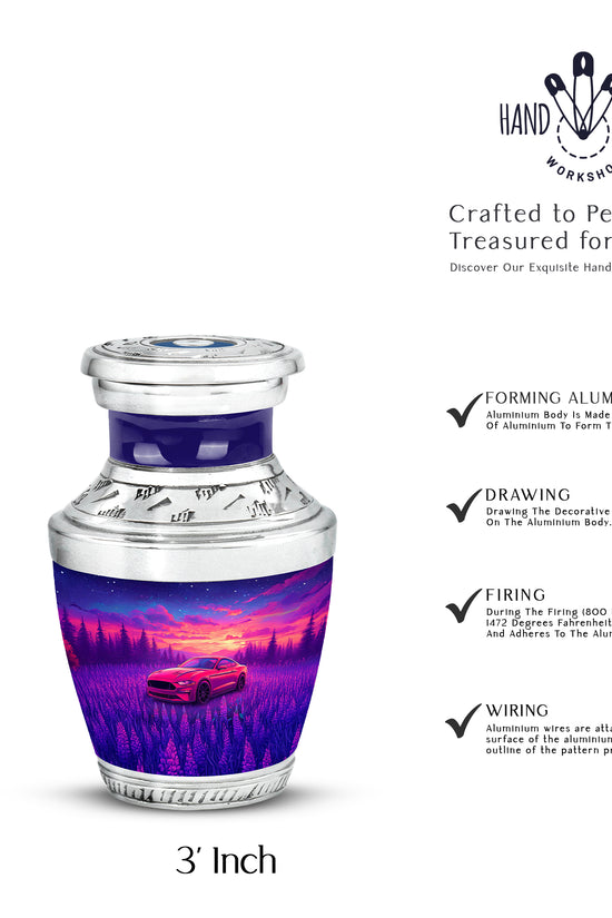 Soft Blue Car Cremation Urn top-down view of secure threaded lid - artistic car interpretation with creative detail - mini keepsake memorial for portion of cremation ashes