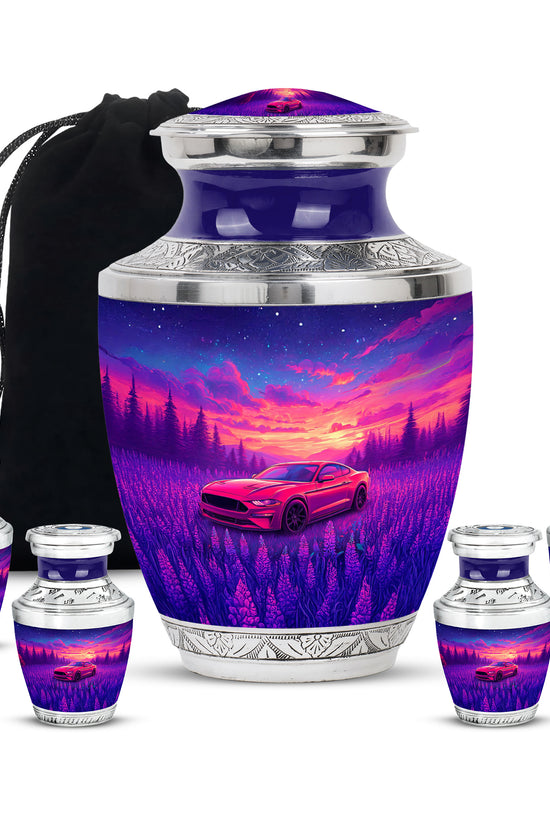 Sapphire Blue Car Cremation Urn lifestyle display on memorial shelf - stylized abstract car pattern with bold lines - memorial set with one large and four small urns