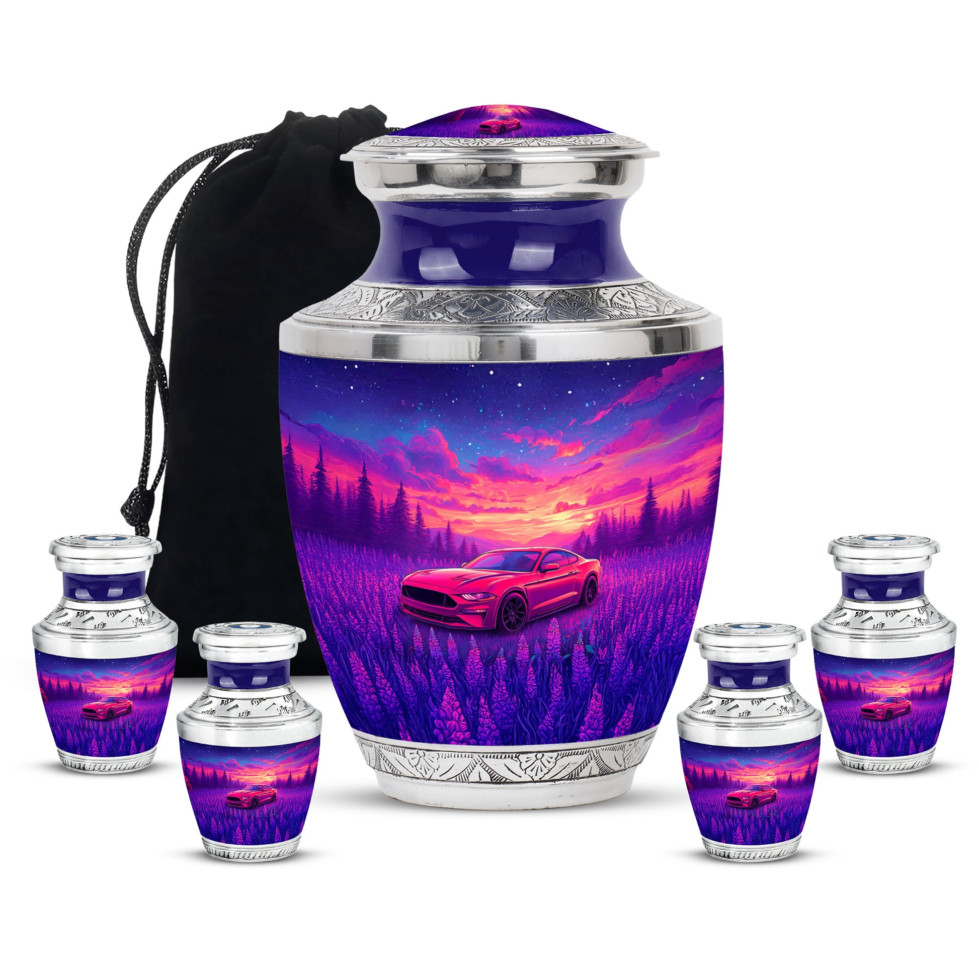 Sapphire Blue Car Cremation Urn lifestyle display on memorial shelf - stylized abstract car pattern with bold lines - memorial set with one large and four small urns