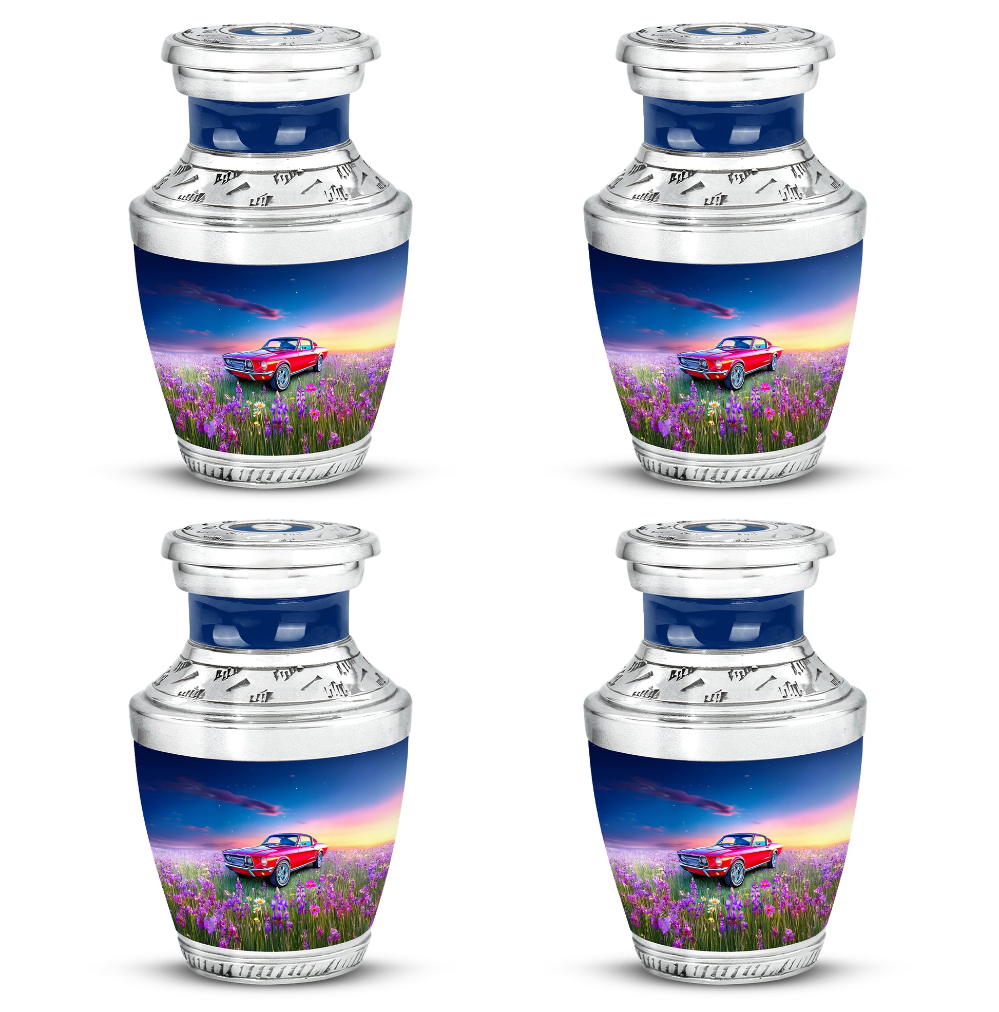 Slate Blue Car Cremation Urn back view with polished surface - contemporary car design with modern artistic flair - 10 inch aluminum urn for cremated remains