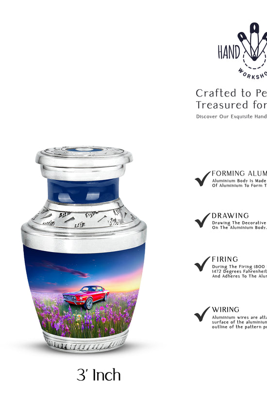 Cornflower Blue Car Cremation Urn top-down view of secure threaded lid - stylized abstract car pattern with bold lines - mini keepsake memorial for portion of cremation ashes