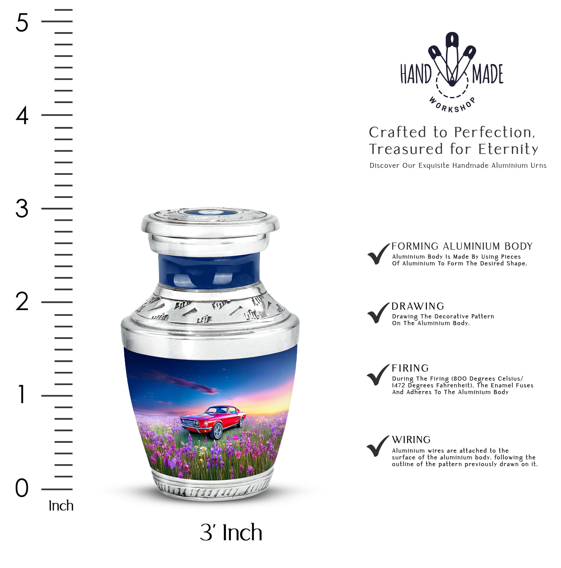Cornflower Blue Car Cremation Urn top-down view of secure threaded lid - stylized abstract car pattern with bold lines - mini keepsake memorial for portion of cremation ashes