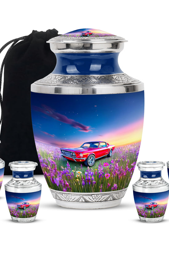 Royal Blue Car Cremation Urn lifestyle display on memorial shelf - artistic car interpretation with creative detail - memorial set with one large and four small urns