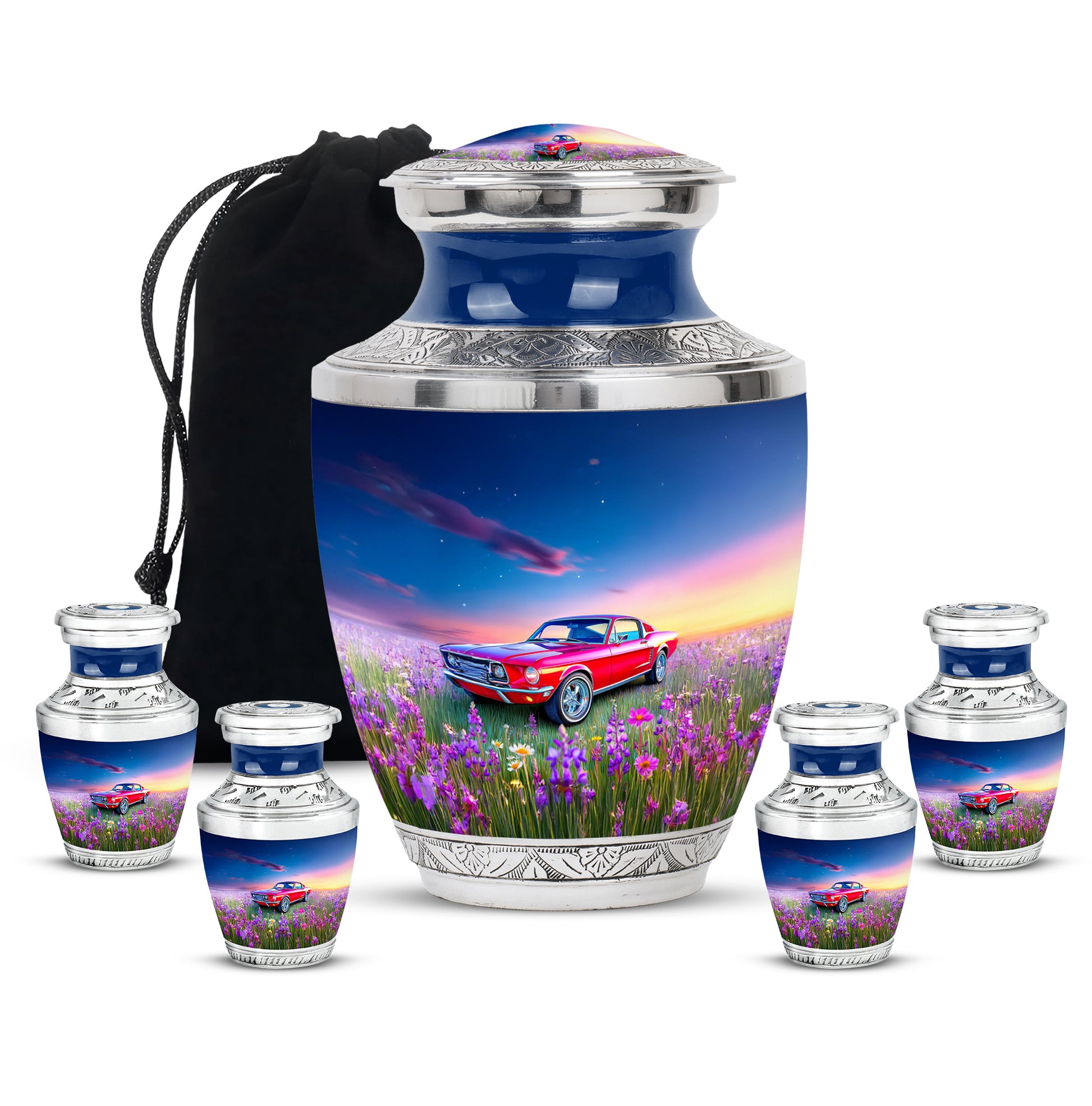 Royal Blue Car Cremation Urn lifestyle display on memorial shelf - artistic car interpretation with creative detail - memorial set with one large and four small urns