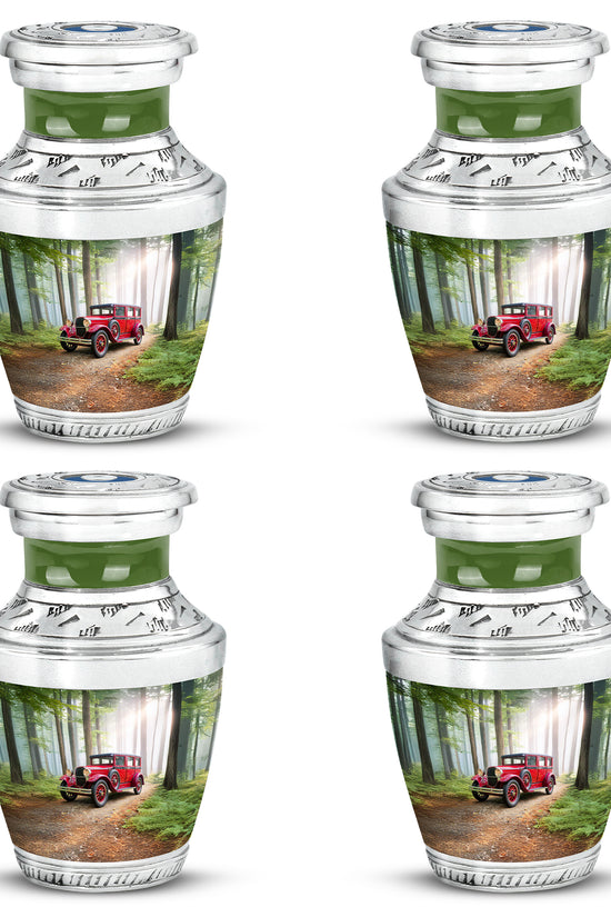 Emerald Green Car Cremation Urn back view with polished surface - modern art-inspired car motif on sleek aluminum - 10 inch aluminum urn for cremated remains