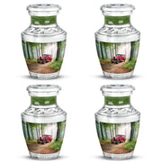 Emerald Green Car Cremation Urn back view with polished surface - modern art-inspired car motif on sleek aluminum - 10 inch aluminum urn for cremated remains