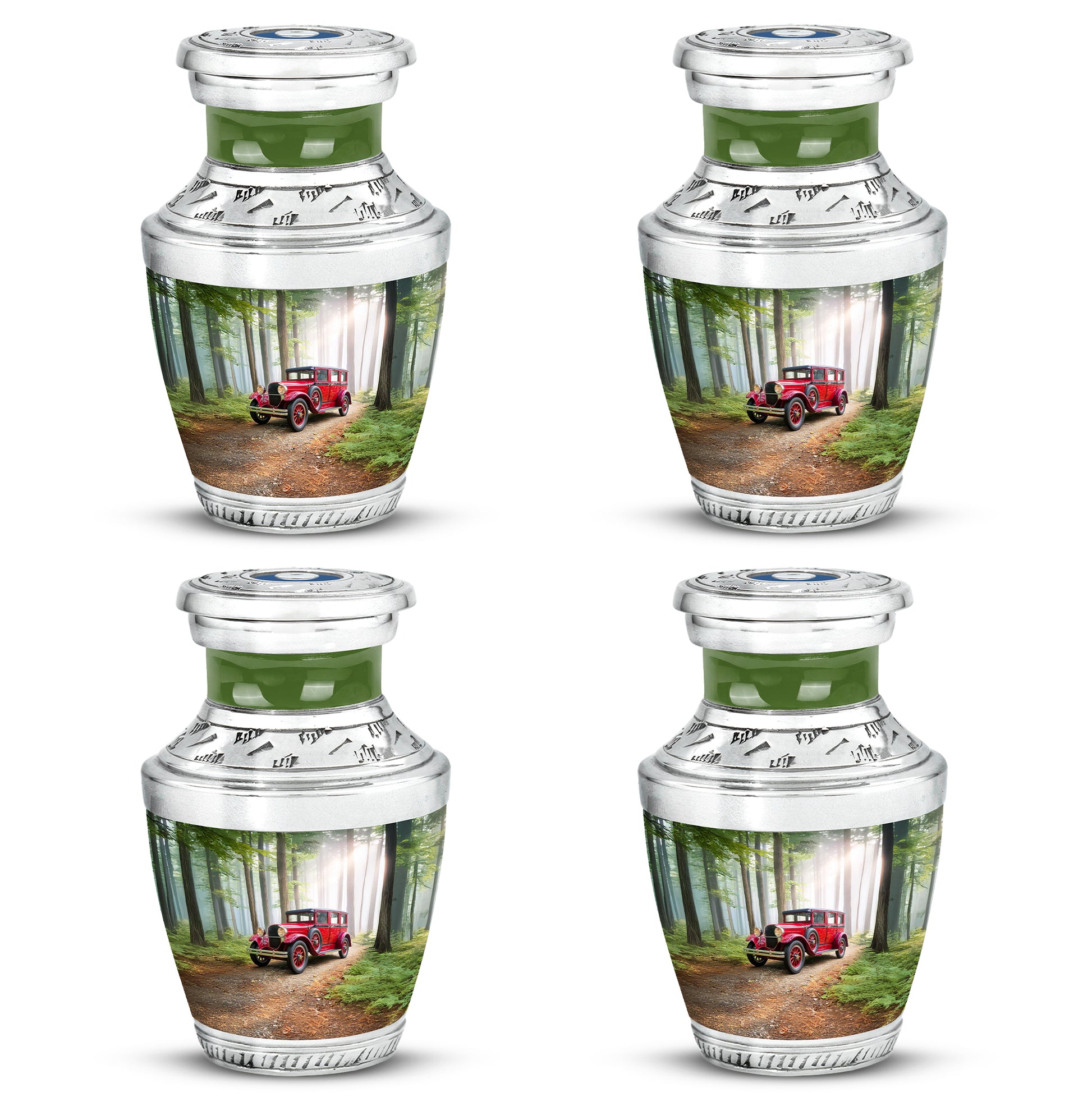Emerald Green Car Cremation Urn back view with polished surface - modern art-inspired car motif on sleek aluminum - 10 inch aluminum urn for cremated remains