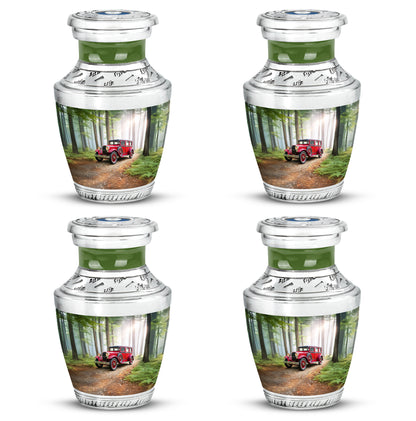 Emerald Green Car Cremation Urn back view with polished surface - modern art-inspired car motif on sleek aluminum - 10 inch aluminum urn for cremated remains