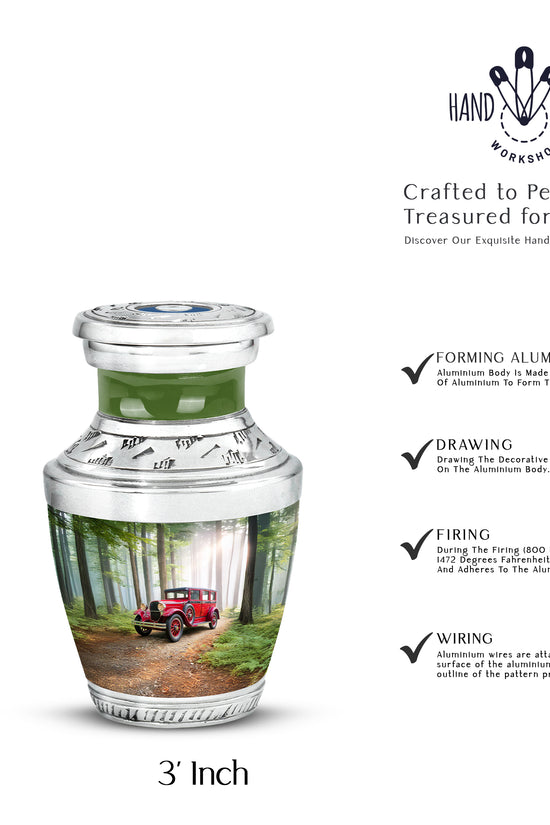 Emerald Green Car Cremation Urn top-down view of secure threaded lid - contemporary car design with modern artistic flair - mini keepsake memorial for portion of cremation ashes