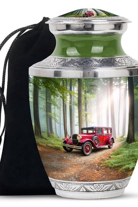 Red Antique Car Cremation Urn - Scenic Forest Memorial Urn For Loved Ones