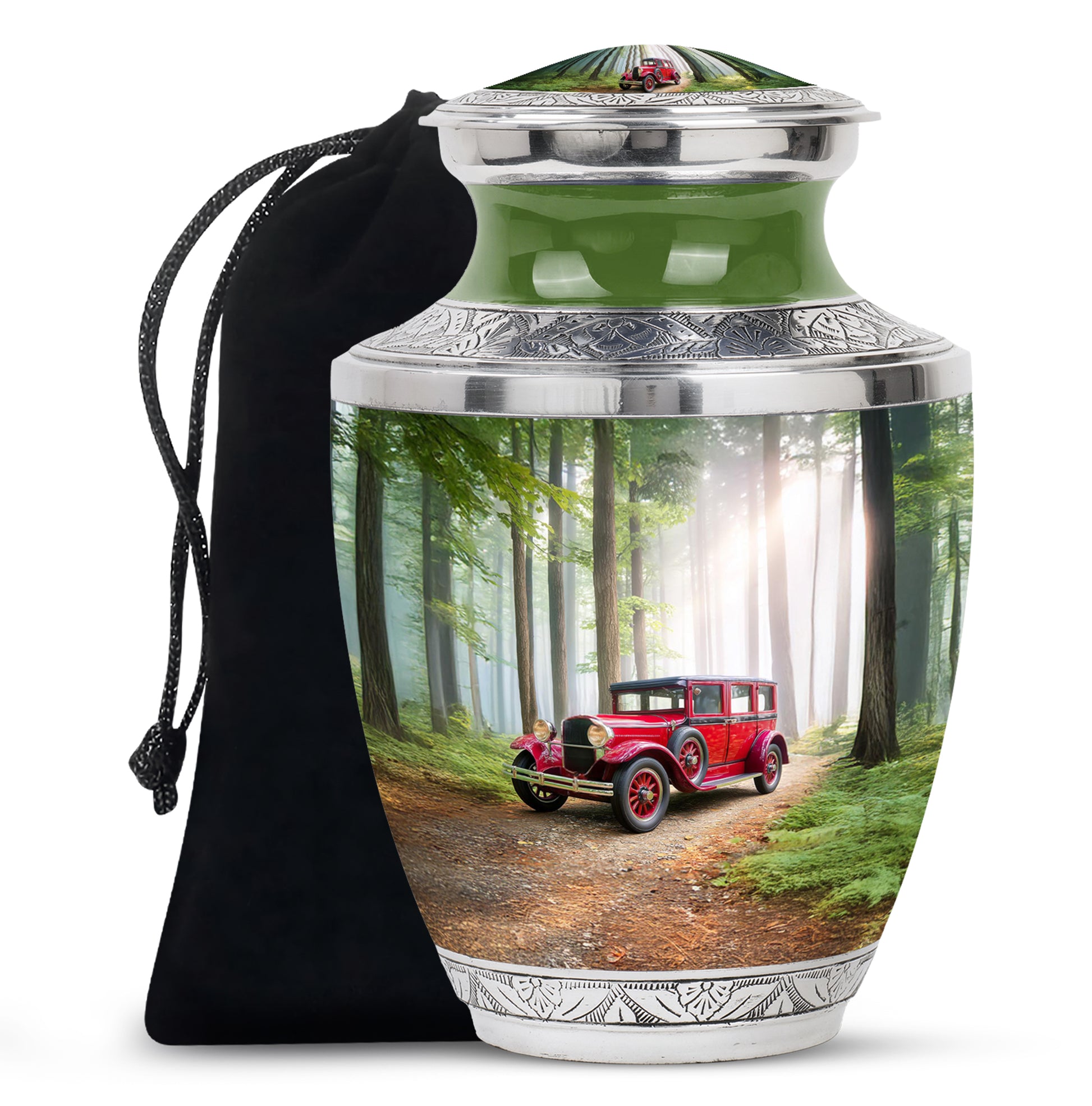 Red Antique Car Cremation Urn - Scenic Forest Memorial Urn For Loved Ones