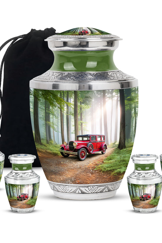 Jade Green Car Cremation Urn lifestyle display on memorial shelf - modern art-inspired car motif on sleek aluminum - memorial set with one large and four small urns