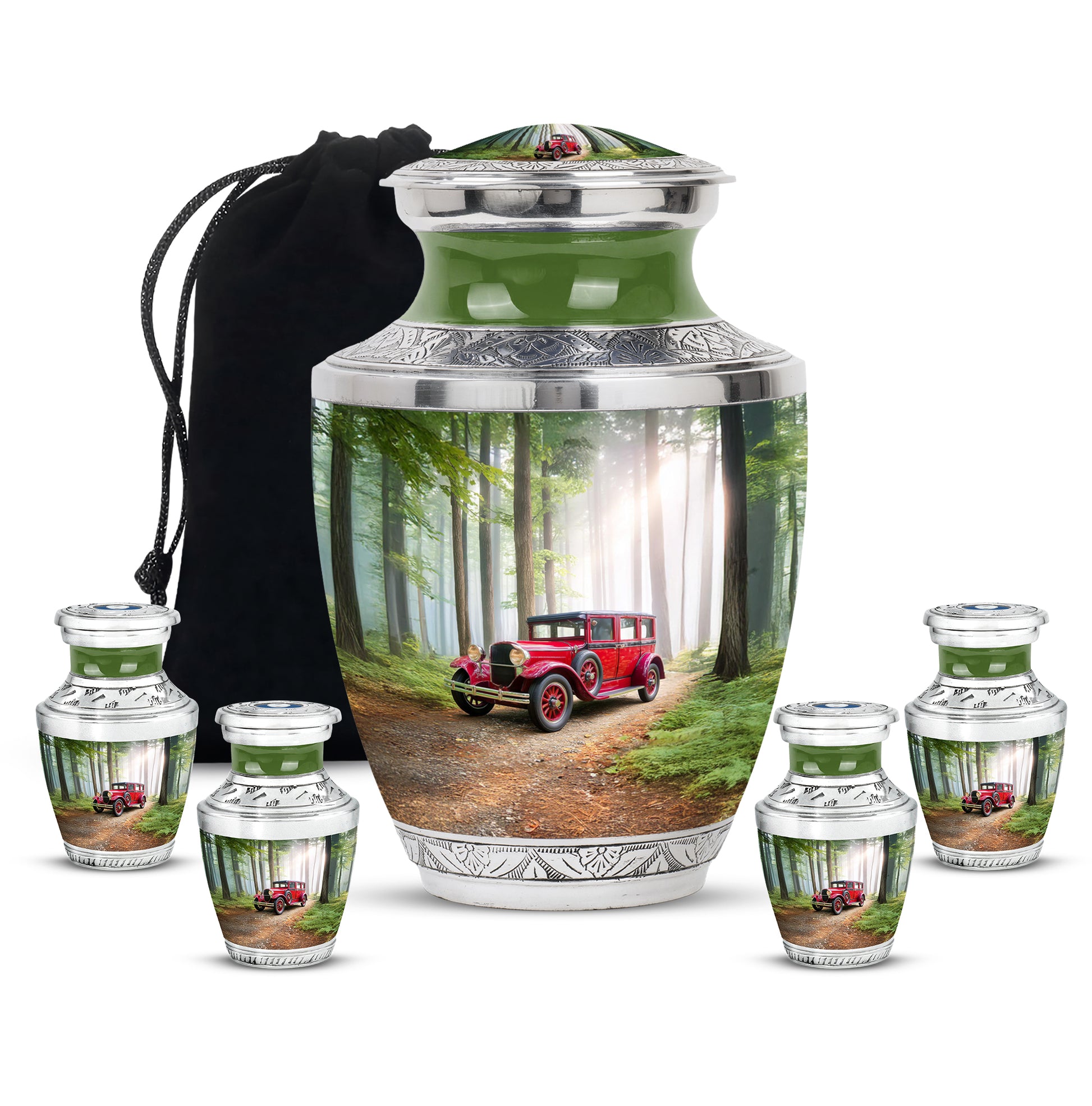 Jade Green Car Cremation Urn lifestyle display on memorial shelf - modern art-inspired car motif on sleek aluminum - memorial set with one large and four small urns