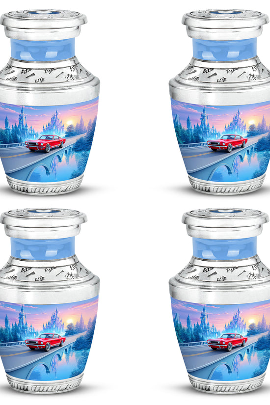 Bright Blue Car Cremation Urn back view with polished surface - stylized abstract car pattern with bold lines - 10 inch aluminum urn for cremated remains