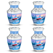 Bright Blue Car Cremation Urn back view with polished surface - stylized abstract car pattern with bold lines - 10 inch aluminum urn for cremated remains
