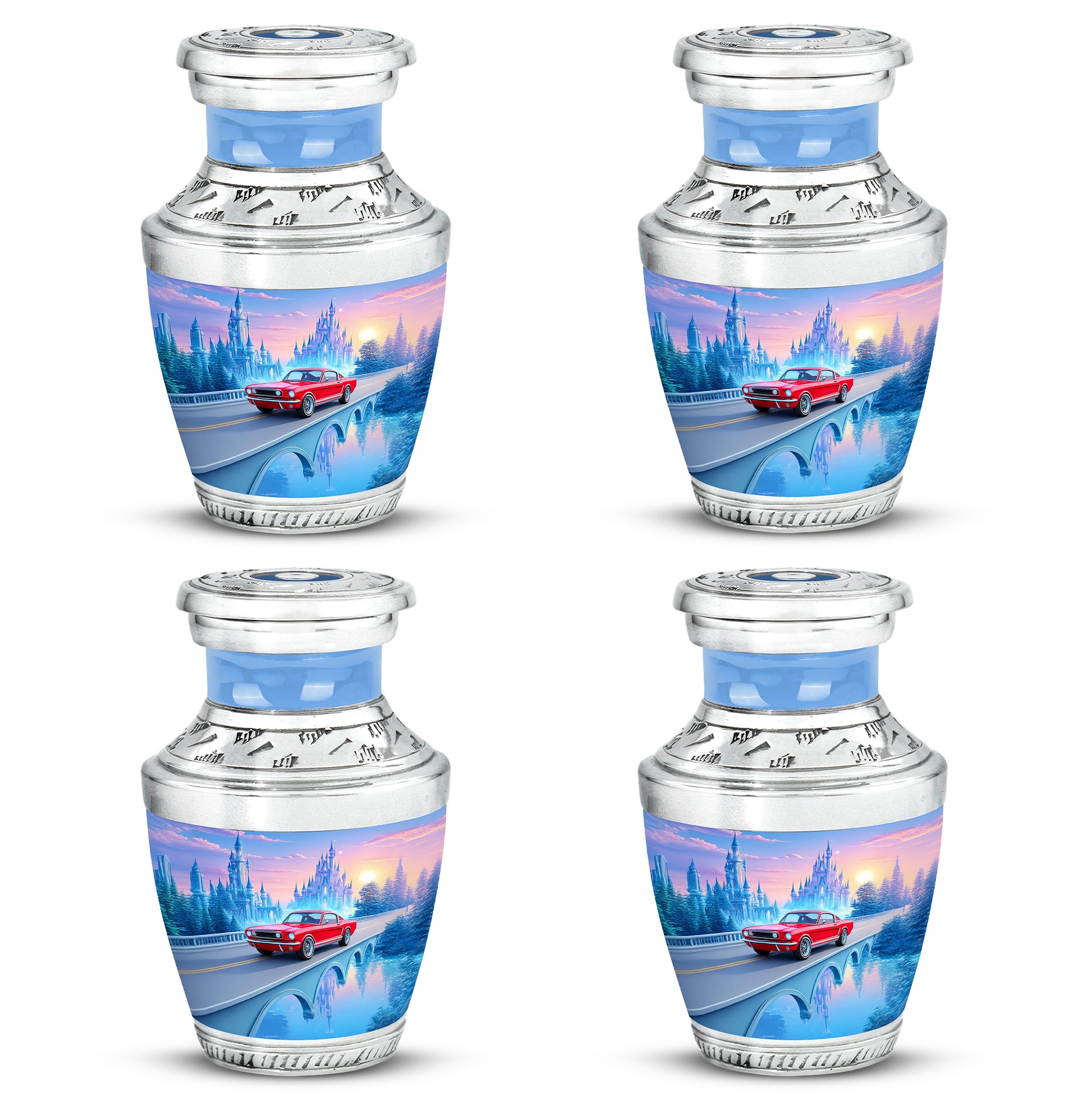 Bright Blue Car Cremation Urn back view with polished surface - stylized abstract car pattern with bold lines - 10 inch aluminum urn for cremated remains