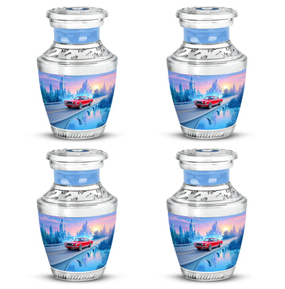 Bright Blue Car Cremation Urn back view with polished surface - stylized abstract car pattern with bold lines - 10 inch aluminum urn for cremated remains