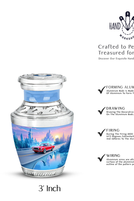 Misty Blue Car Cremation Urn top-down view of secure threaded lid - contemporary car design with modern artistic flair - mini keepsake memorial for portion of cremation ashes