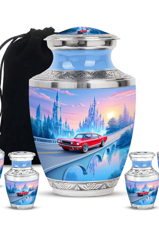 Calming Blue Car Cremation Urn lifestyle display on memorial shelf - artistic car interpretation with creative detail - memorial set with one large and four small urns