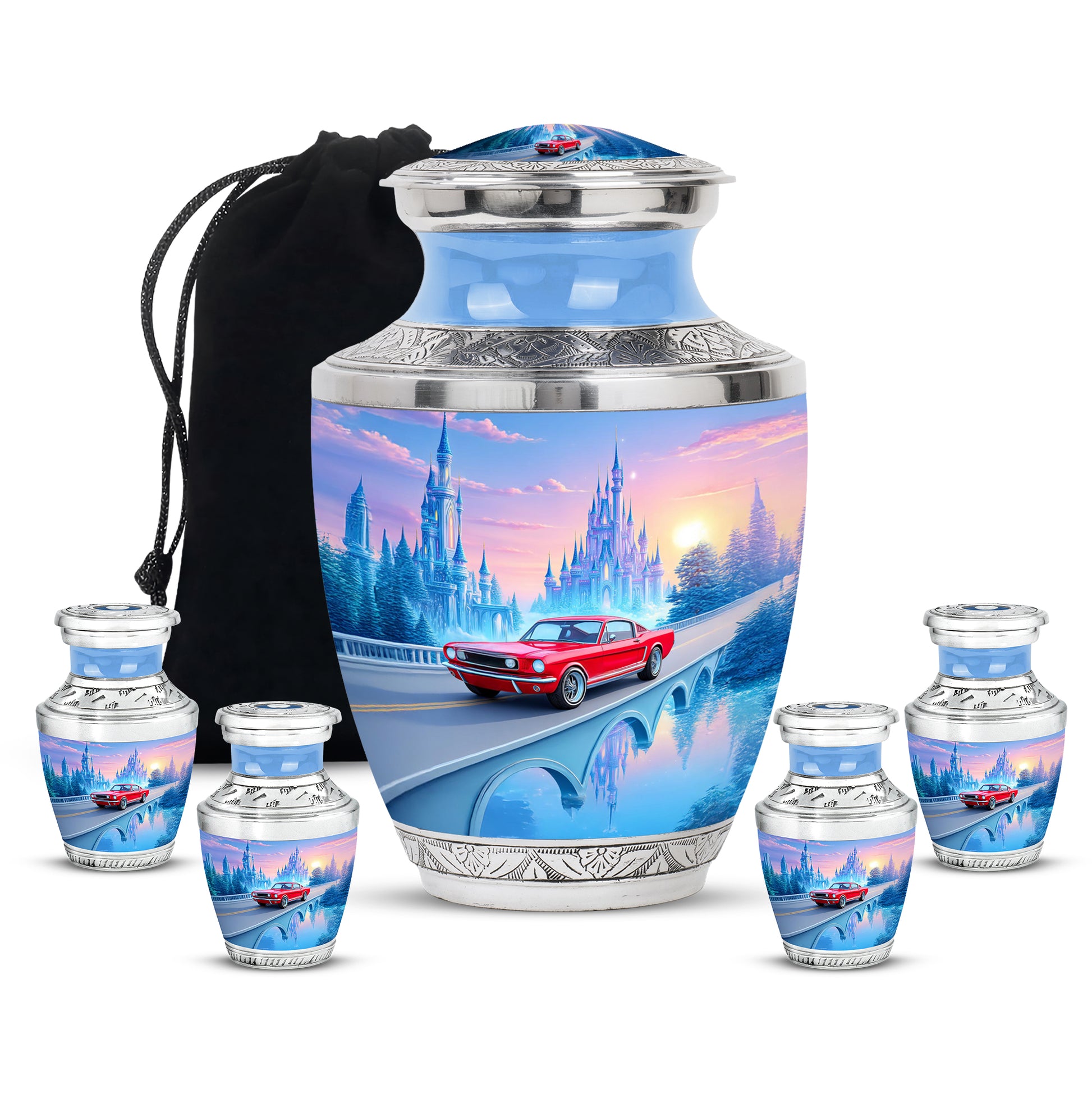 Calming Blue Car Cremation Urn lifestyle display on memorial shelf - artistic car interpretation with creative detail - memorial set with one large and four small urns