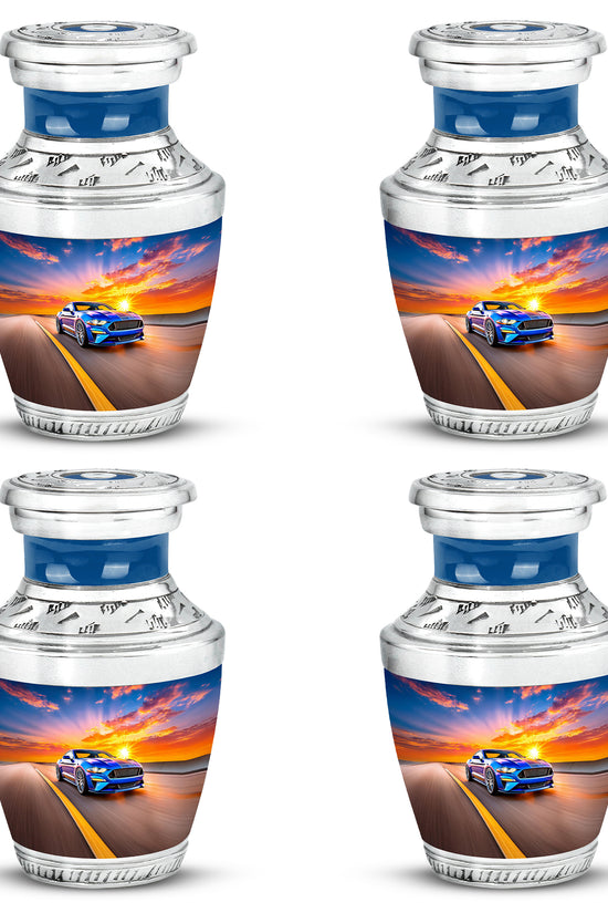 Dusty Blue Car Cremation Urn back view with polished surface - contemporary car design with modern artistic flair - 10 inch aluminum urn for cremated remains