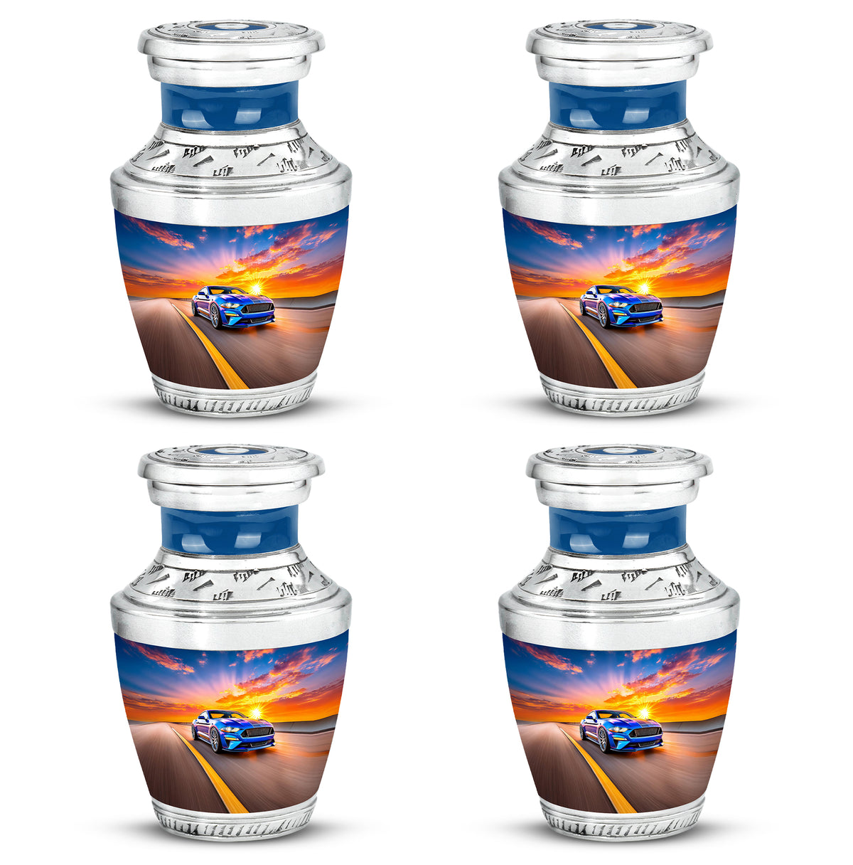 Dusty Blue Car Cremation Urn back view with polished surface - contemporary car design with modern artistic flair - 10 inch aluminum urn for cremated remains