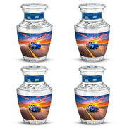 Dusty Blue Car Cremation Urn back view with polished surface - contemporary car design with modern artistic flair - 10 inch aluminum urn for cremated remains