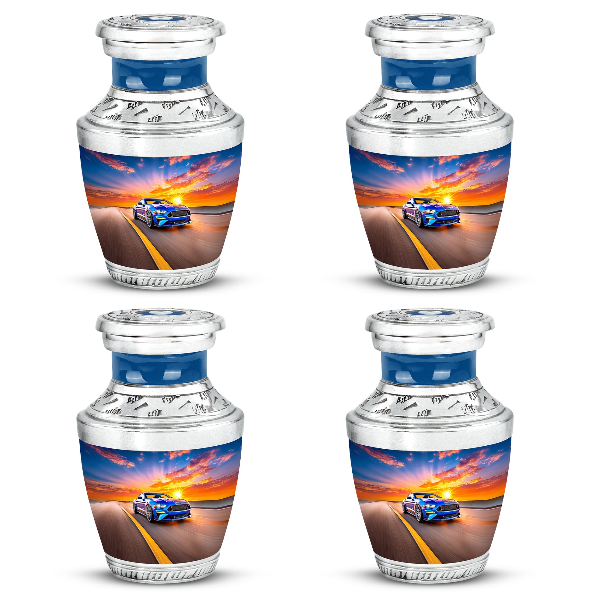 Dusty Blue Car Cremation Urn back view with polished surface - contemporary car design with modern artistic flair - 10 inch aluminum urn for cremated remains