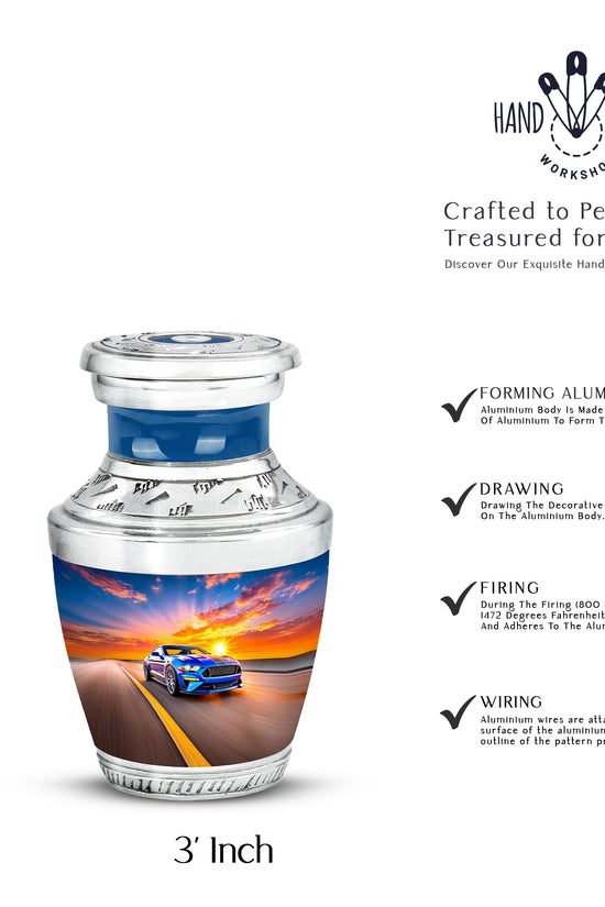 Dusty Blue Car Cremation Urn top-down view of secure threaded lid - modern art-inspired car motif on sleek aluminum - mini keepsake memorial for portion of cremation ashes