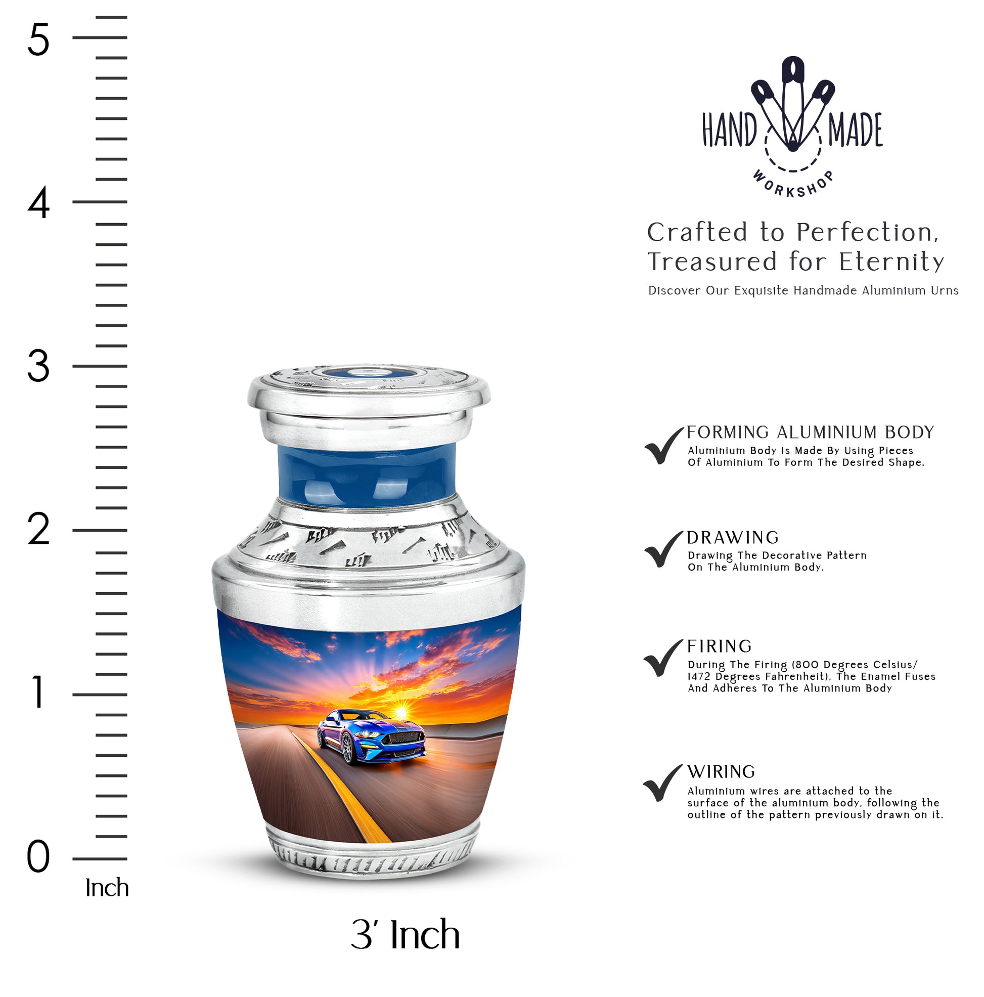 Dusty Blue Car Cremation Urn top-down view of secure threaded lid - modern art-inspired car motif on sleek aluminum - mini keepsake memorial for portion of cremation ashes