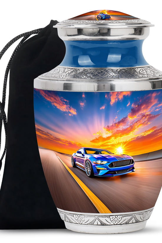 Powder Blue Car Cremation Urn side profile showing urn shape - modern art-inspired car motif on sleek aluminum - full-size 10 inch 200 cubic inch adult cremation urn