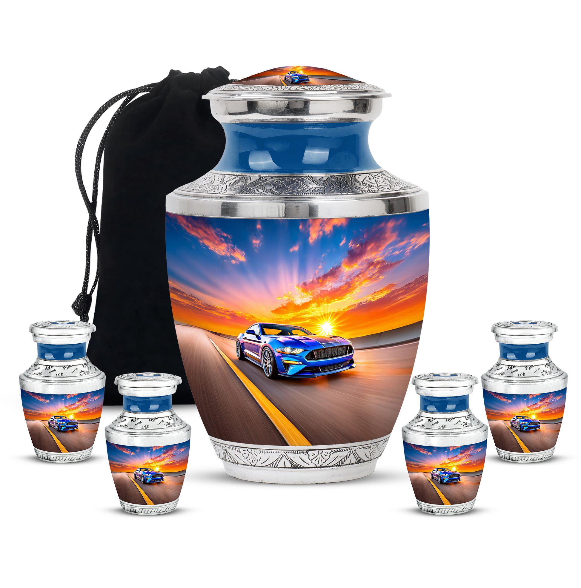 Sapphire Blue Car Cremation Urn lifestyle display on memorial shelf - artistic car interpretation with creative detail - memorial set with one large and four small urns