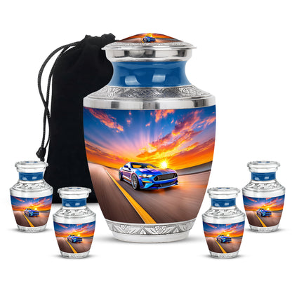 Sapphire Blue Car Cremation Urn lifestyle display on memorial shelf - artistic car interpretation with creative detail - memorial set with one large and four small urns