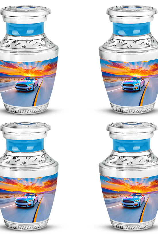 Indigo Car Cremation Urn back view with polished surface - modern art-inspired car motif on sleek aluminum - 10 inch aluminum urn for cremated remains