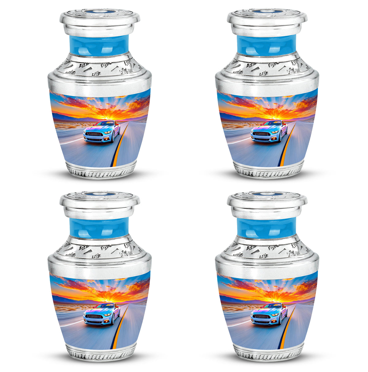 Indigo Car Cremation Urn back view with polished surface - modern art-inspired car motif on sleek aluminum - 10 inch aluminum urn for cremated remains
