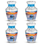 Indigo Car Cremation Urn back view with polished surface - modern art-inspired car motif on sleek aluminum - 10 inch aluminum urn for cremated remains