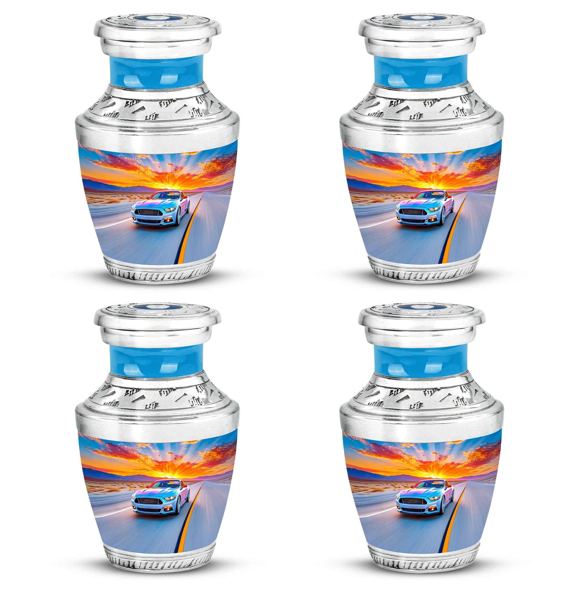 Indigo Car Cremation Urn back view with polished surface - modern art-inspired car motif on sleek aluminum - 10 inch aluminum urn for cremated remains