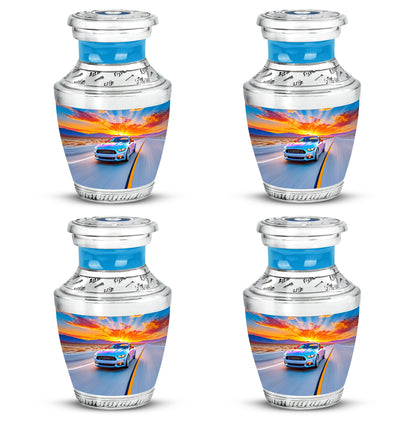 Indigo Car Cremation Urn back view with polished surface - modern art-inspired car motif on sleek aluminum - 10 inch aluminum urn for cremated remains