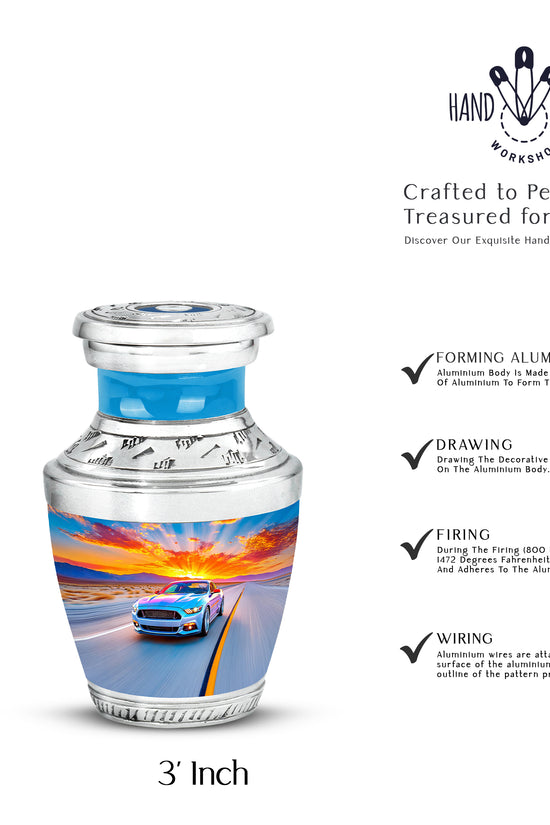 Bright Blue Car Cremation Urn top-down view of secure threaded lid - artistic car interpretation with creative detail - mini keepsake memorial for portion of cremation ashes