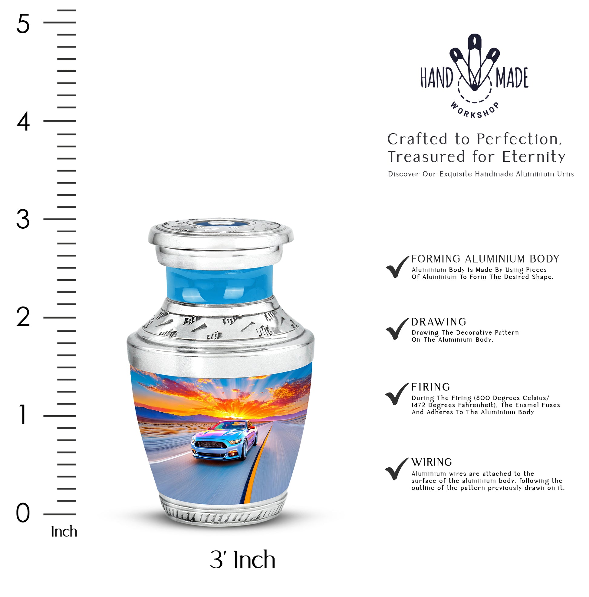 Bright Blue Car Cremation Urn top-down view of secure threaded lid - artistic car interpretation with creative detail - mini keepsake memorial for portion of cremation ashes