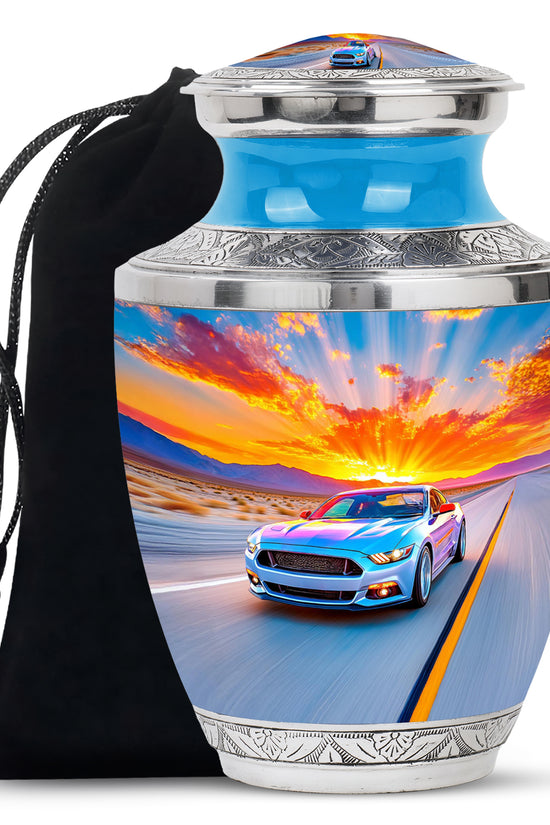 Indigo Car Cremation Urn side profile showing urn shape - contemporary car design with modern artistic flair - full-size 10 inch 200 cubic inch adult cremation urn
