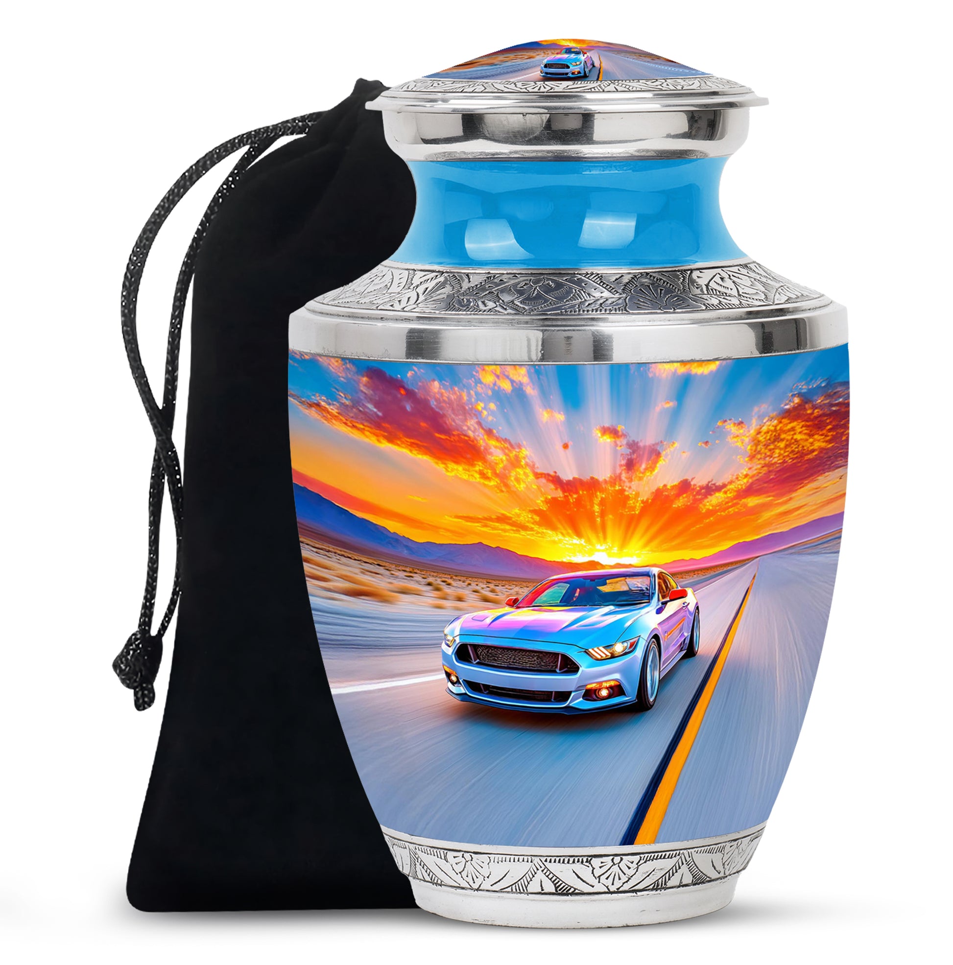 Indigo Car Cremation Urn side profile showing urn shape - contemporary car design with modern artistic flair - full-size 10 inch 200 cubic inch adult cremation urn