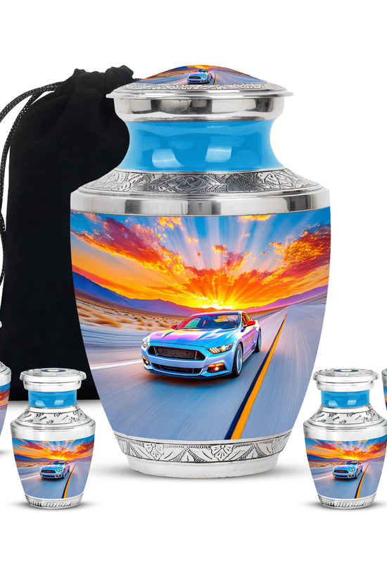 Sky Blue Car Cremation Urn lifestyle display on memorial shelf - modern art-inspired car motif on sleek aluminum - memorial set with one large and four small urns