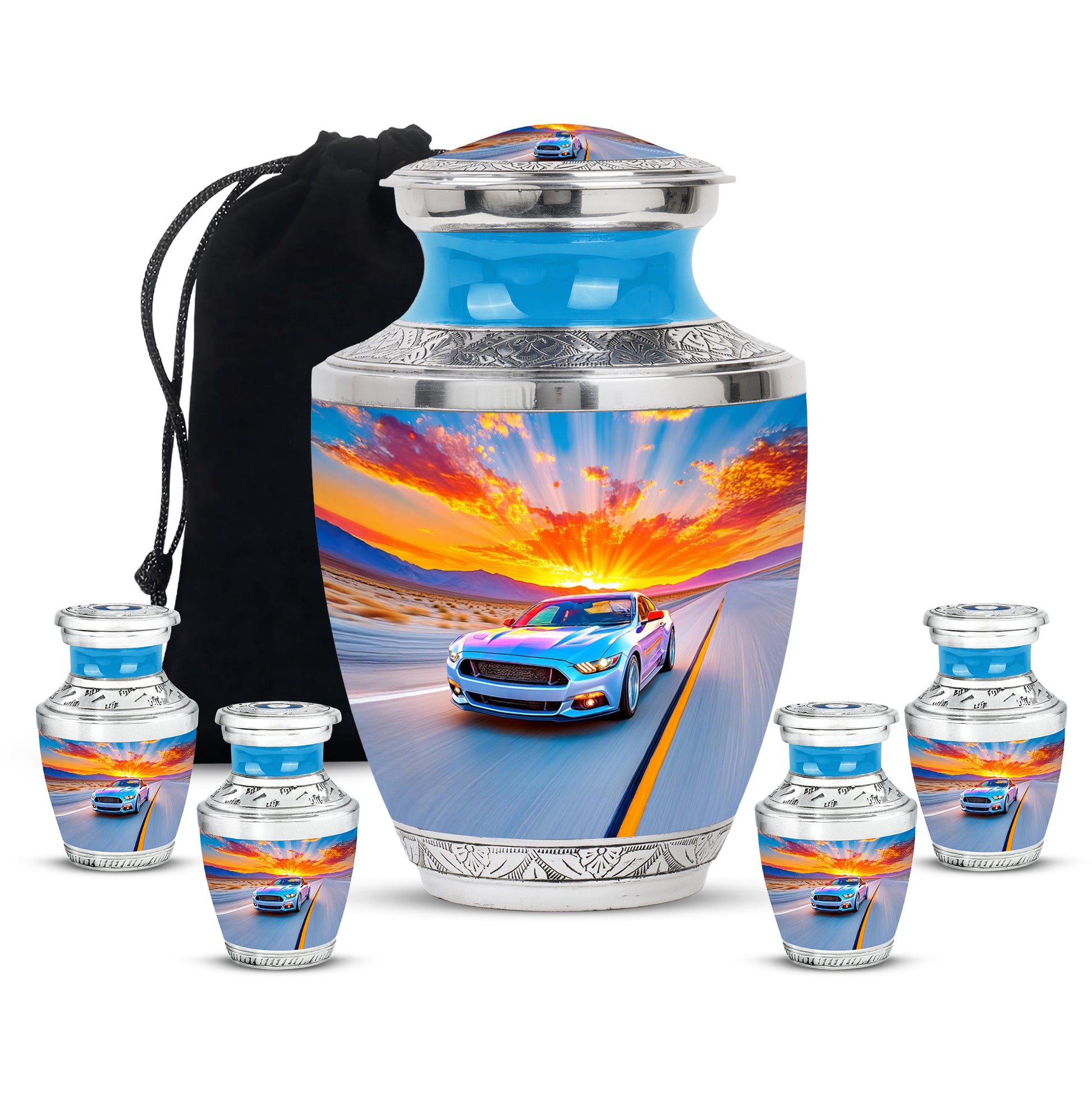 Sky Blue Car Cremation Urn lifestyle display on memorial shelf - modern art-inspired car motif on sleek aluminum - memorial set with one large and four small urns