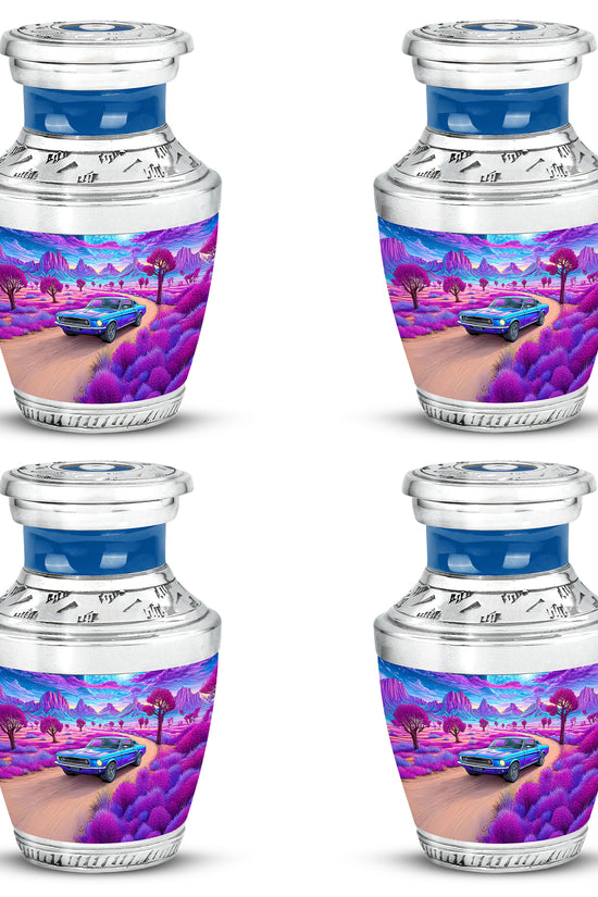 Cornflower Blue Car Cremation Urn back view with polished surface - artistic car interpretation with creative detail - 10 inch aluminum urn for cremated remains