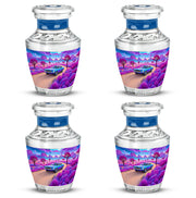 Cornflower Blue Car Cremation Urn back view with polished surface - artistic car interpretation with creative detail - 10 inch aluminum urn for cremated remains