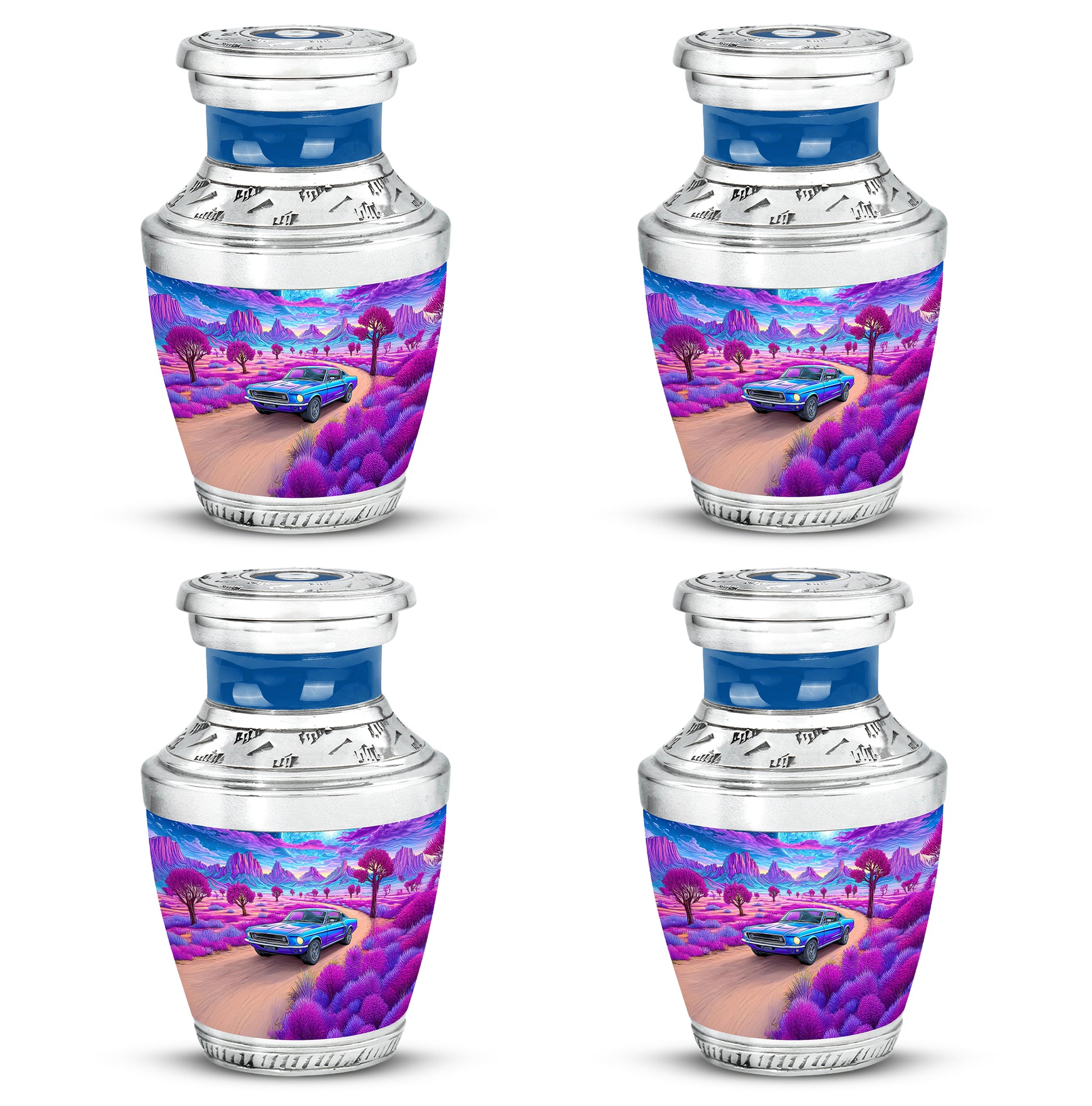 Cornflower Blue Car Cremation Urn back view with polished surface - artistic car interpretation with creative detail - 10 inch aluminum urn for cremated remains