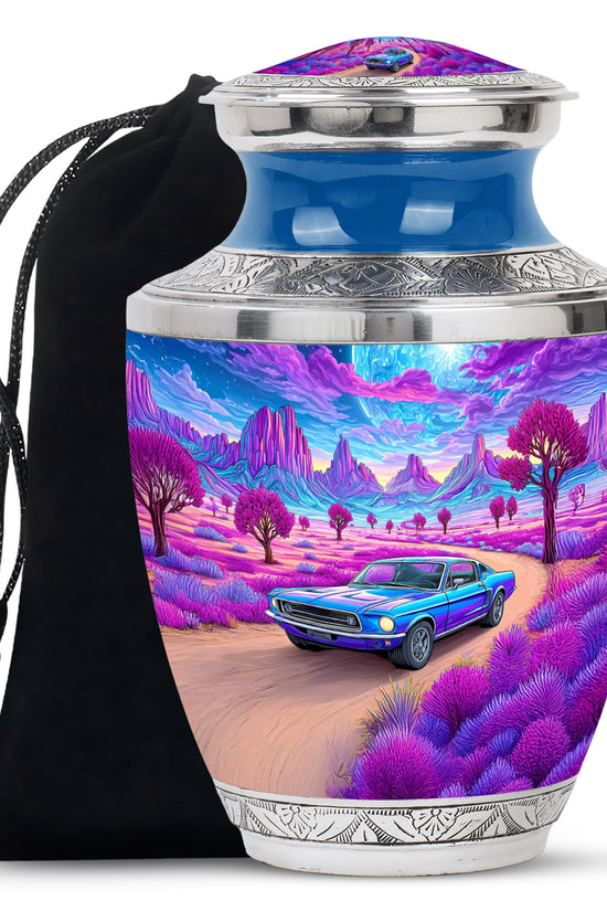 Cobalt Blue Car Cremation Urn side profile showing urn shape - artistic car interpretation with creative detail - full-size 10 inch 200 cubic inch adult cremation urn